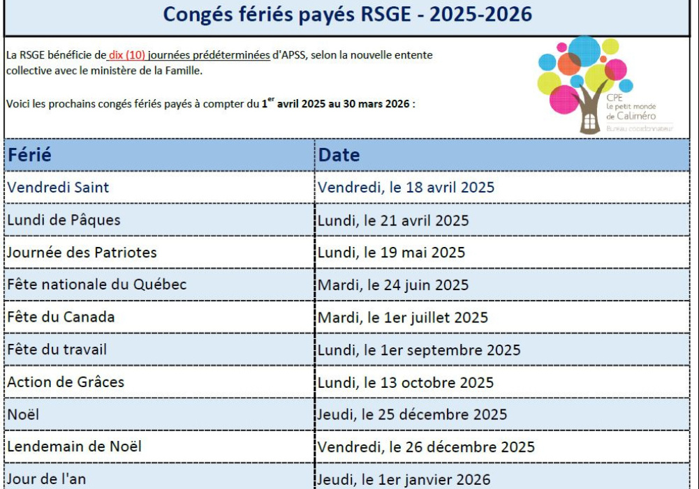 Congés fériés 2025-2026