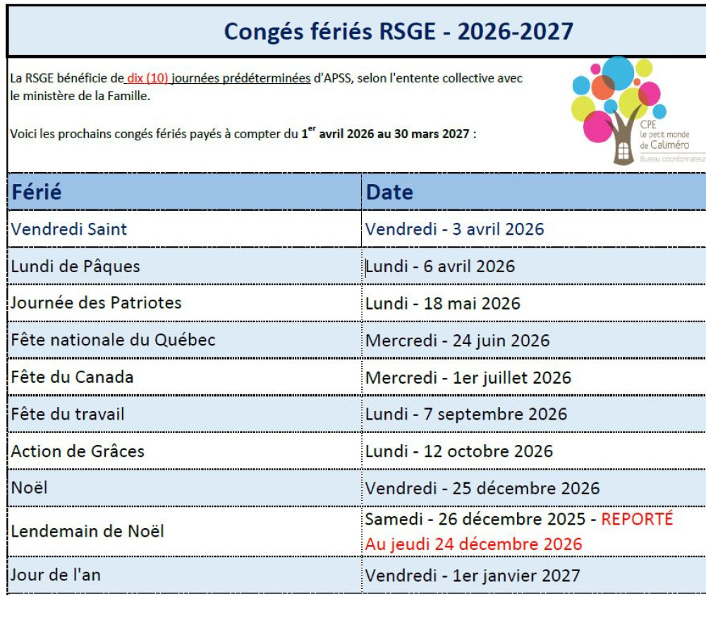 Congés fériés 2026-2027