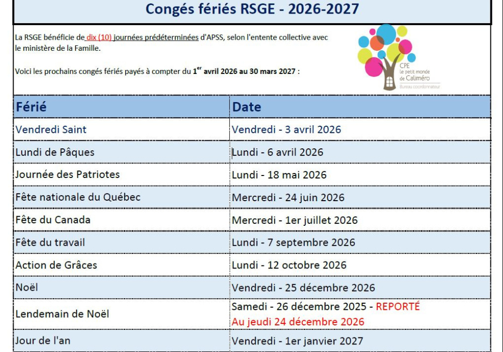 Cong&eacute;s f&eacute;ri&eacute;s 2026-2027
